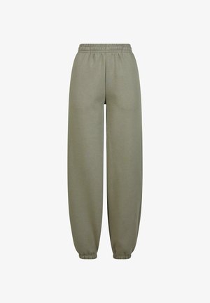 Lyse olivengrønne sweatpants lavet af blødt stof, med elastisk talje og manchetter for en afslappet pasform. Bred ben-design.