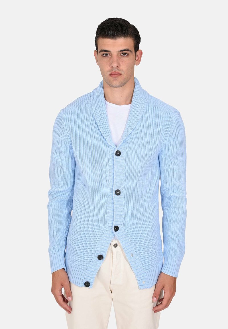 Cardigan lavorato a maglia di un blu chiaro, con colletto a scialle, bottoni frontali e polsini a costine. Presenta un motivo testurizzato e una vestibilità rilassata.