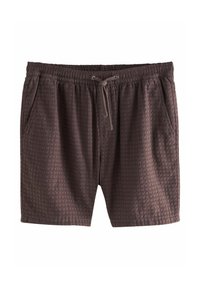 Barna textúrájú fürdőshorts, elasztikus derékkal, húzózsinórral és oldalsó zsebekkel. A szöveten egy finom kör alakú minta található.