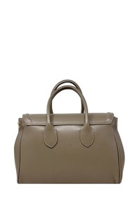 Borsa a tracolla in pelle marrone con una forma strutturata, manici arrotondati e chiusura a patta. Presenta dettagli di cucitura e accenti ovali.