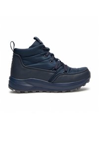 Botas de senderismo de corte medio en azul marino, con parte superior acolchada, cierre de cordones, asa de agarre y suela de goma texturizada para mayor tracción.