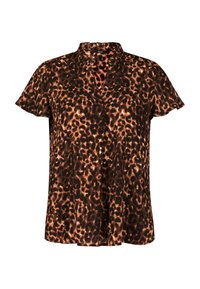 Korte mouwen blouse in een luipaardprint ontwerp met een zwart en bruin kleurenschema, met een kraaghalslijn en een ontspannen pasvorm.
