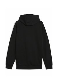 Svart hoodie med dragsko, långa ärmar och ribbade manschetter. Slät tyg och minimal detaljering med en liten logotyp vid nederkanten.