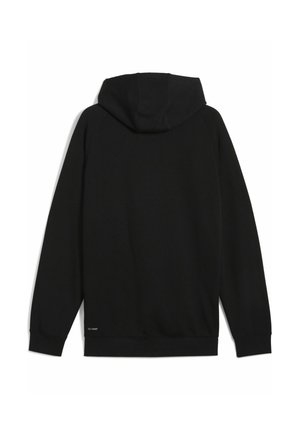 Czarna bluza z kapturem i sznurkiem, długimi rękawami oraz ściągaczami na mankietach. Gładki materiał i minimalne detale z małym logo marki na dolnym brzegu.