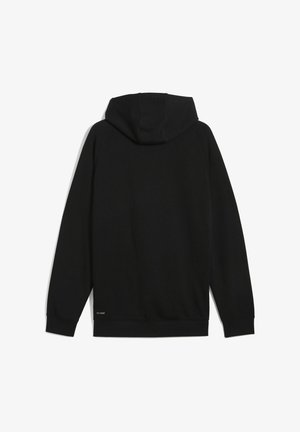 Czarna bluza z kapturem i sznurkiem, długimi rękawami oraz ściągaczami na mankietach. Gładki materiał i minimalne detale z małym logo marki na dolnym brzegu.