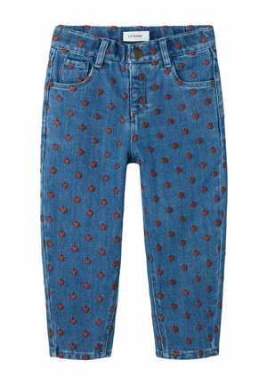Blå denim bukser med røde hjerte mønstre, knaplukning, bæltestropper og forlommer, mærket Lil' Atelier.