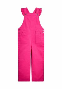 Vestido de tirantes de algodón rosa con volantes, dos bolsillos frontales y cierres de presión metálicos en los lados. Textura suave, ajuste de largo completo.