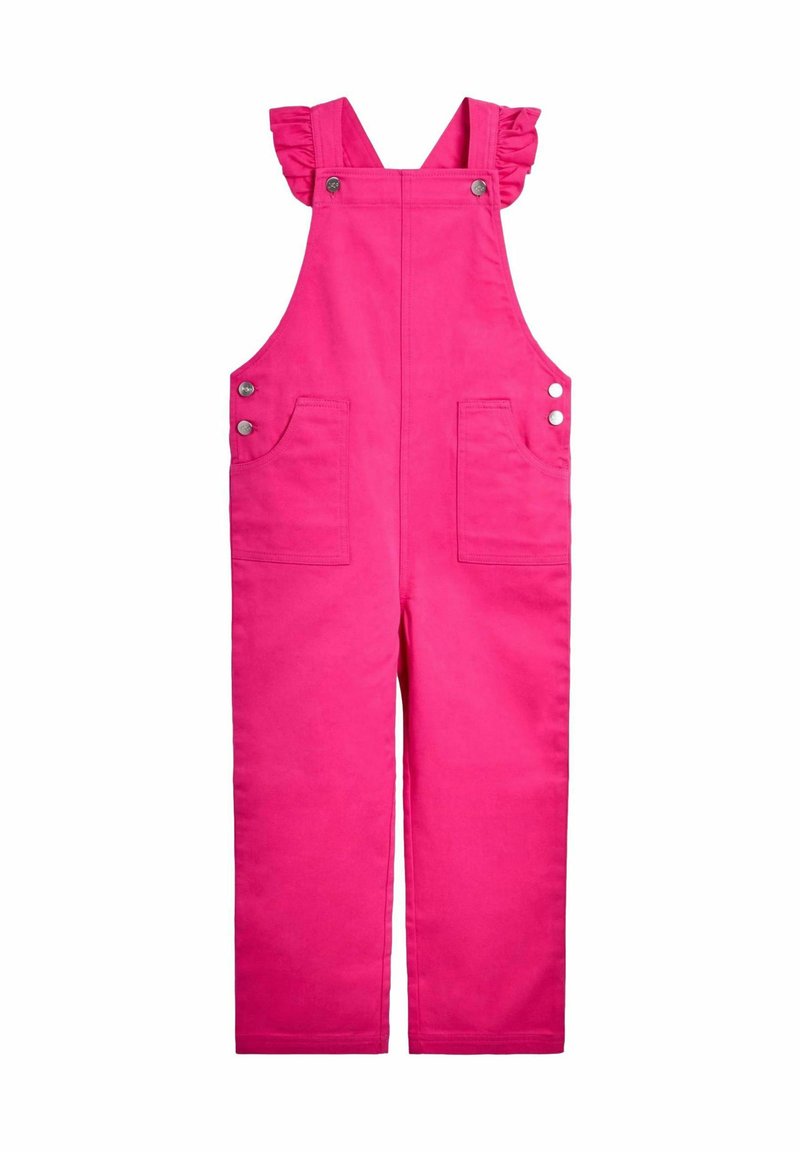 Vestido de tirantes de algodón rosa con volantes, dos bolsillos frontales y cierres de presión metálicos en los lados. Textura suave, ajuste de largo completo.