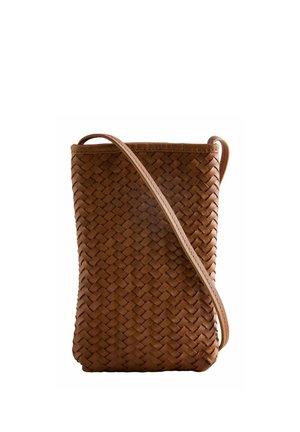 Brown woven leather crossbody bag with a long strap and rectangular shape on a white background.