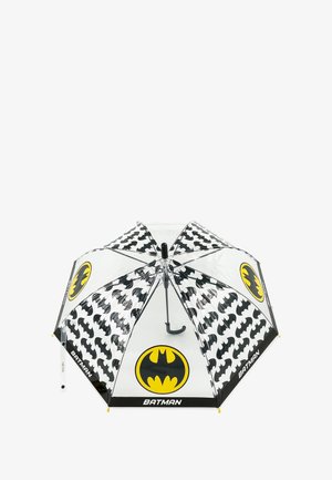 Schwarzer und gelber, Batman-Themen-Regenschirm mit klarem Schirm und schwarzen Batman-Mustern, einem gebogenen Griff und bedruckten Logo-Akzenten.