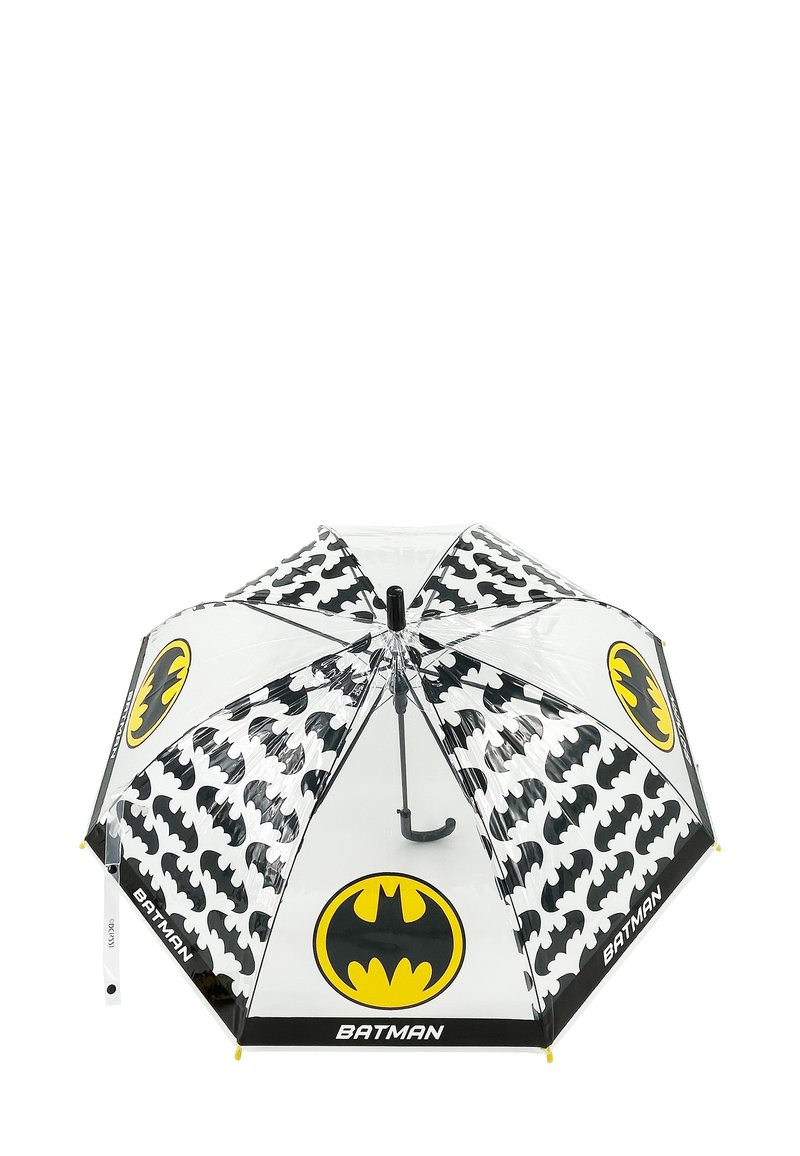 Black and yellow Batman-themed umbrella featuring a clear canopy with black bat patterns, a curved handle, and printed logo accents.