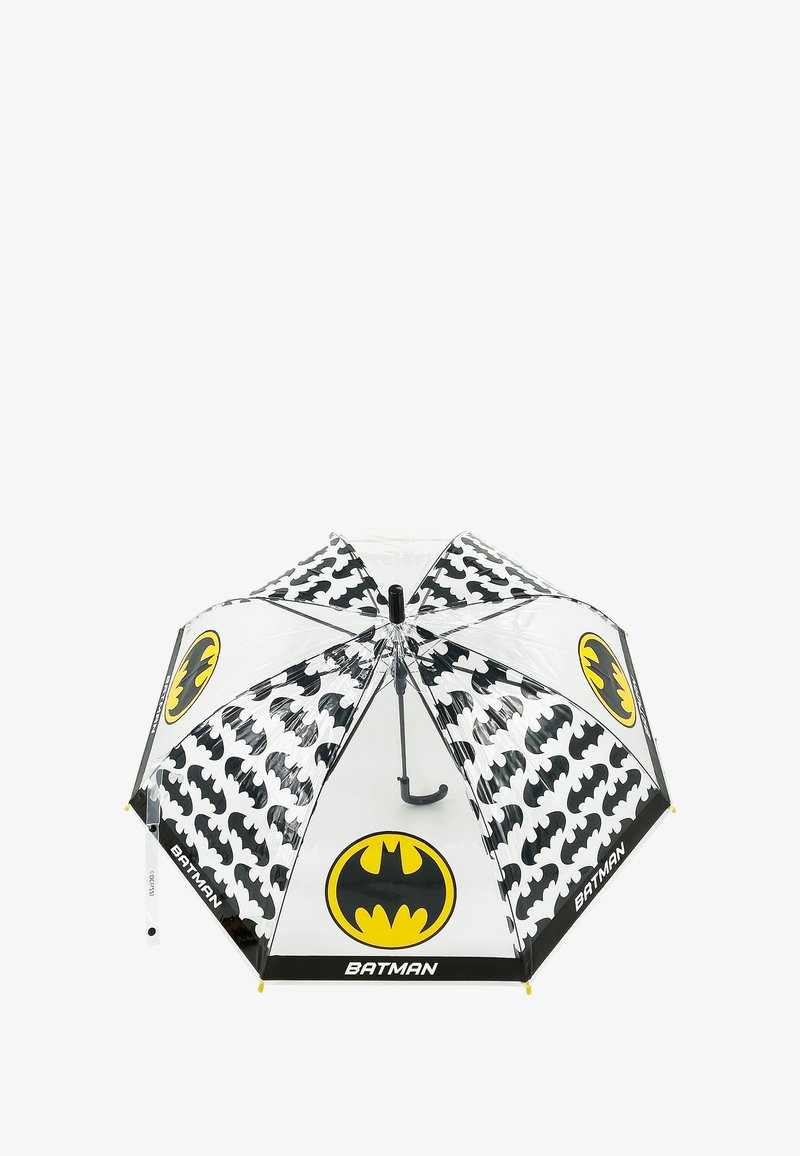Black and yellow Batman-themed umbrella featuring a clear canopy with black bat patterns, a curved handle, and printed logo accents.