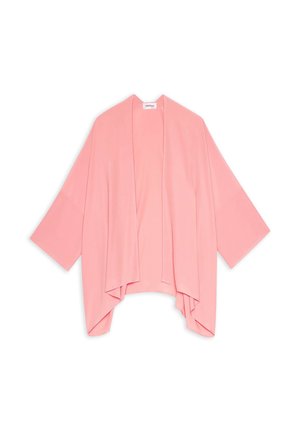 Cardigan kimono rose clair à devant ouvert avec manches larges et ourlet drapé, présenté sur un fond blanc.