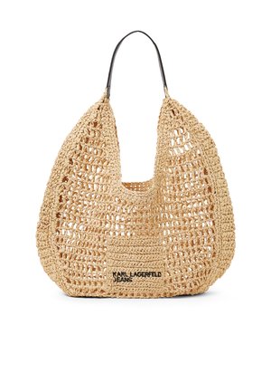 Sac cabas en paille tissée beige avec motif en maille ouverte, bandoulière noire et petite poche avant portant l'inscription "KARL LAGERFELD JEANS".