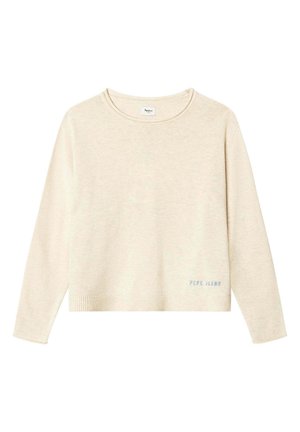 Cremefarbener Pullover mit langen Ärmeln, rundem Ausschnitt und kleinem hellblauem „Pepe Jeans“-Schriftzug unten rechts vorne.