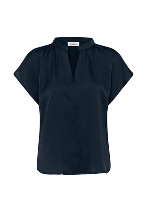 Bluza bleumarin cu mânecă scurtă, decolteu în V și material moale, texturat. Are o croială lejeră și o adunare subtilă în jurul decolteului.