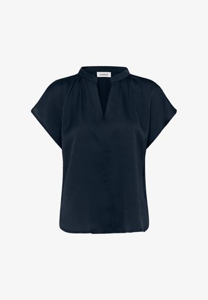 Bluza bleumarin cu mânecă scurtă, decolteu în V și material moale, texturat. Are o croială lejeră și o adunare subtilă în jurul decolteului.