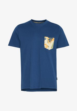 Navy blue cotton t-shirt with short sleeves and a floral-patterned pocket in yellow, green, and blue. Straight hem and crew neck design.