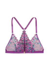 Brassière en dentelle violette avec broderie florale en turquoise et vert, fermeture éclair à l'avant et bretelles en satin réglables.