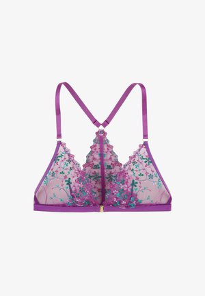 Brassière en dentelle violette avec broderie florale en turquoise et vert, fermeture éclair à l'avant et bretelles en satin réglables.