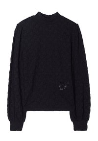 Haut noir à manches longues avec un tricot texturé et à motifs, doté d'un col montant et de manches bouffantes, offrant une coupe décontractée.