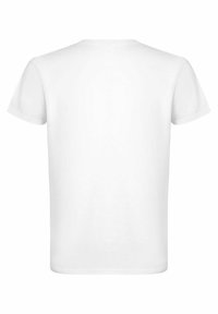 Weißes Baumwoll-T-Shirt mit rundem Halsausschnitt und kurzen Ärmeln, das eine glatte Textur und ein einfaches, unbeschFACHTES Design aufweist.