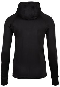 Zwarte hoodie met lange mouwen, een getailleerd design, zachte stof en een trekkoordkap. Beschikt over raglanmouwen en ribgebreide boorden.