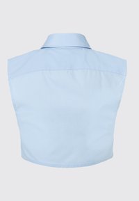 Light blue, sleeveless cropped shirt with a classic collar and smooth texture. Features a yoke detail on the back and clean hem.