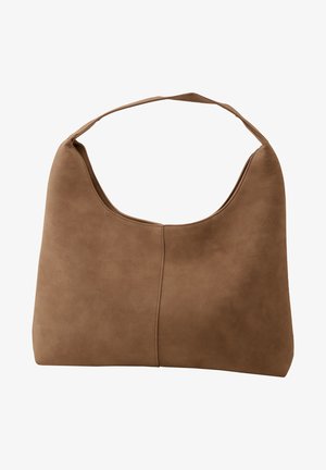 Bolso de hombro de cuero marrón con una sola asa, textura lisa y un detalle de costura vertical centrada.