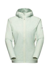 Veste isolante vert clair avec capuche, zip frontal, poches latérales et logo Mammut sur la poitrine et la manche.