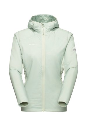 Lichtgroene geïsoleerde jas met capuchon, voorrits, zijzakken en Mammut-logo op de borst en mouw.