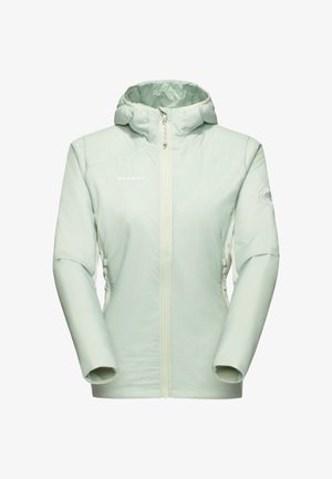 Lichtgroene geïsoleerde jas met capuchon, voorrits, zijzakken en Mammut-logo op de borst en mouw.