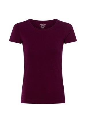 Short-sleeve slim fit women's T-shirt in solid dark purple color with a round neckline and smooth texture.
