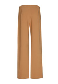 Weite Hosen mit elastischem Bund in einem warmen Braunton. Hergestellt aus glattem Stoff ohne sichtbare Muster oder Hardwaredetails.