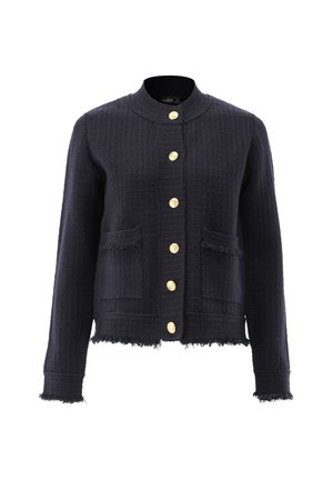Giacca blu navy realizzata in tessuto testurizzato, con colletto rotondo, sei bottoni dorati e due tasche frontali con bordi sfrangiati.