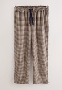 Brown checkered pajama pants with an elastic waistband and navy drawstring. The fabric has a soft texture and straight-leg design.