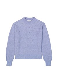 Hellt blauer Strickpullover mit langen Ärmeln, geripptem Kragen und Bündchen, verziert mit verstreuten kleinen silbernen Perlen auf der Vorderseite.