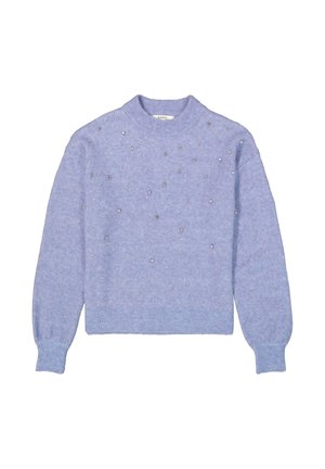 Lichtblauwe gebreide trui met lange mouwen, geribbelde kraag en manchetten, versierd met verspreide kleine zilveren kralen aan de voorkant.