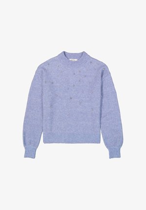 Lichtblauwe gebreide trui met lange mouwen, geribbelde kraag en manchetten, versierd met verspreide kleine zilveren kralen aan de voorkant.