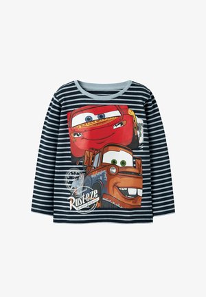 Chemise à manches longues pour enfants, rayée bleu marine et blanc, avec une voiture de course rouge et des personnages de dépanneuse souriants du film Cars sur le devant.