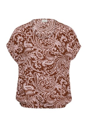 Hnedá blúzka s krátkym rukávom s jemnými svetloružovými vzormi paisley a kvetinovými motívmi, okrúhlym výstrihom a mierne nariaseným spodným okrajom.