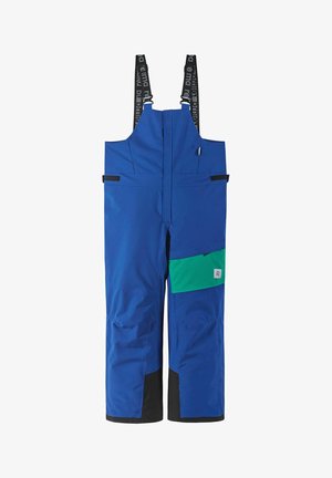 Blaue Skioveralls aus strapazierfähigem Stoff mit schwarzen Akzenten. Sie verfügen über verstellbare schwarze Träger, einen Frontreißverschluss und eine grüne aufgesetzte Tasche.