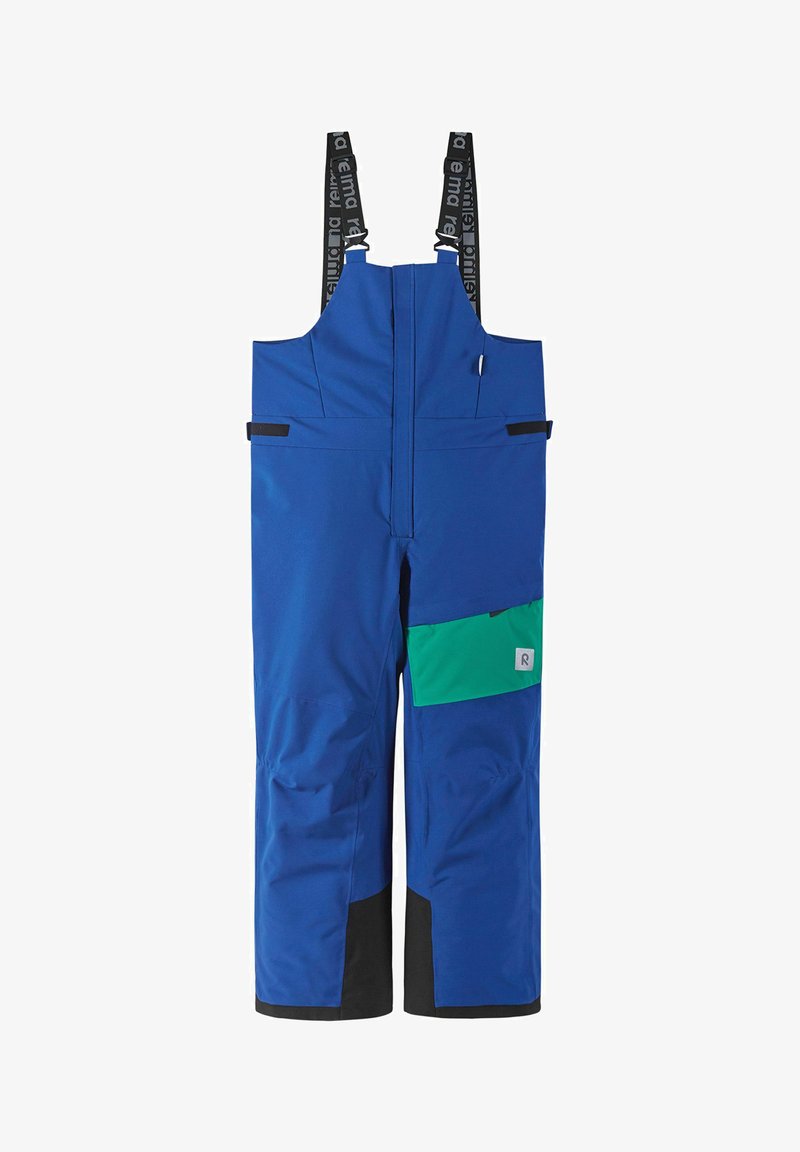 Blaue Skioveralls aus strapazierfähigem Stoff mit schwarzen Akzenten. Sie verfügen über verstellbare schwarze Träger, einen Frontreißverschluss und eine grüne aufgesetzte Tasche.
