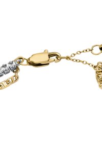 Bracciale in oro con accenti in argento e pietre in zirconia cubica. Include una chiusura a moschettone e un design ad anelli elaborati.