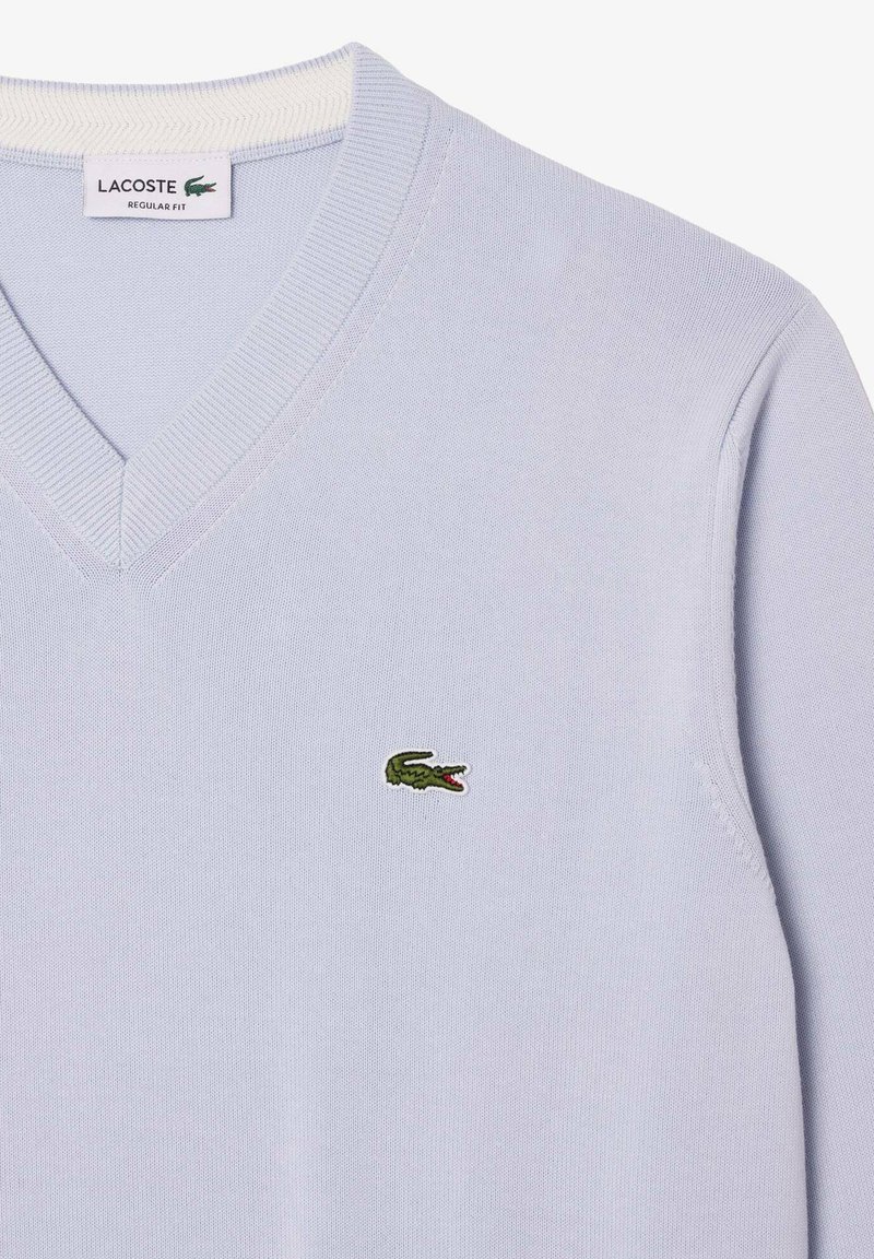 V-Ausschnitt Pullover aus leicht blauem Strickstoff mit strukturiertem Muster. Mit grünem gesticktem Krokodil-Logo auf der linken Brust. Normale Passform.