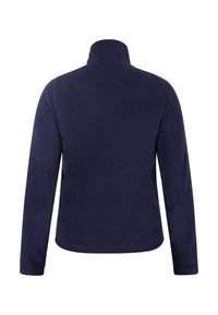 Giacca in pile blu navy con colletto alto, maniche lunghe e texture liscia, caratterizzata da un design pulito e minimalista senza motivi.