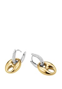 Pendientes de aro de oro y plata con un diseño circular, una base texturizada y brillante de oro, y una parte superior de plata adornada con pequeños cristales transparentes.