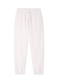 Lysegrå joggingbukser med elastisk talje, snøre og elastiske manchetter på hvid ensartet baggrund.
