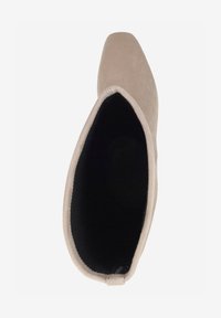 Bottine beige à cheville avec un revêtement en daim lisse, un bout pointu et une doublure intérieure noire et moelleuse. Le design est épuré et simple.
