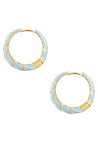 Zelta auskari ar savīti dizainu, kuriem ir mainīgas gaiši zilas emaljas daļas. Katrs auskars ir apaļš un gluds.